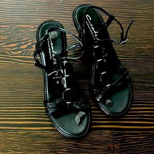Black Contesa Italian Shoemakers adjustable strap wedge sandals